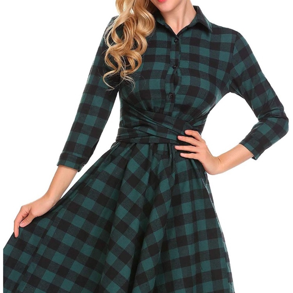 Burlady Women's Plaid Dress - 3/4 Sleeve Size M